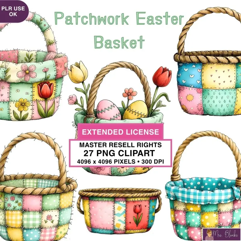 Patchwork Easter Basket Clipart PNG - Extended License