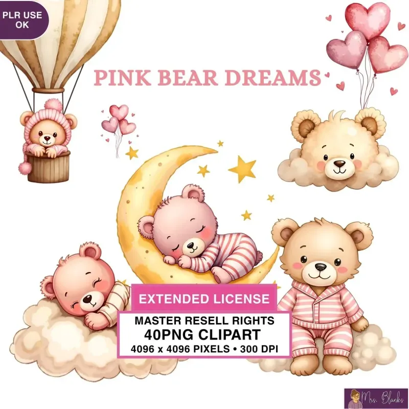 Sleepy Pink Bear Clipart PNG - Extended License