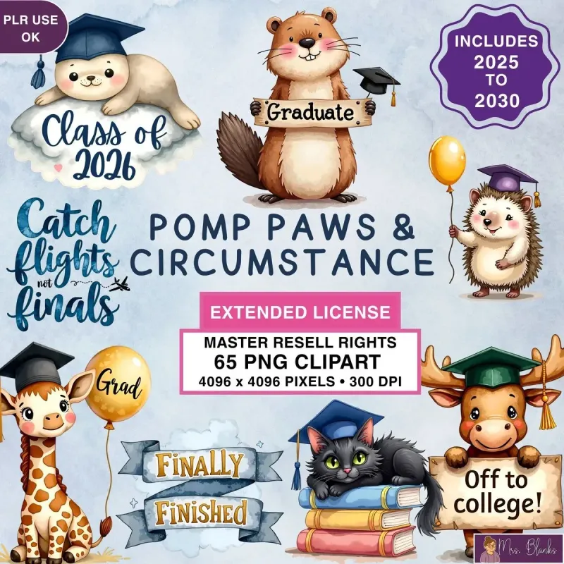 Graduation Animals Clipart PNG - Extended License