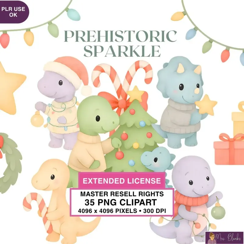 Christmas Dinosaur Sparkle Clipart PNG - Extended License