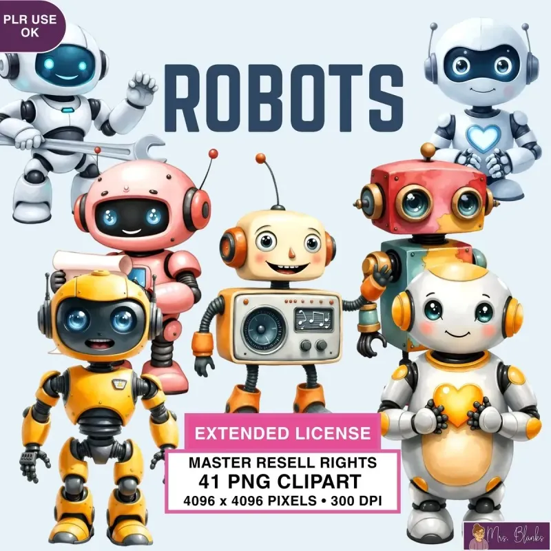 Cute Robot Characters Clipart PNG - Extended License