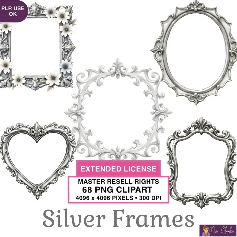 Ornate Silver Frames Clipart PNG - Extended License