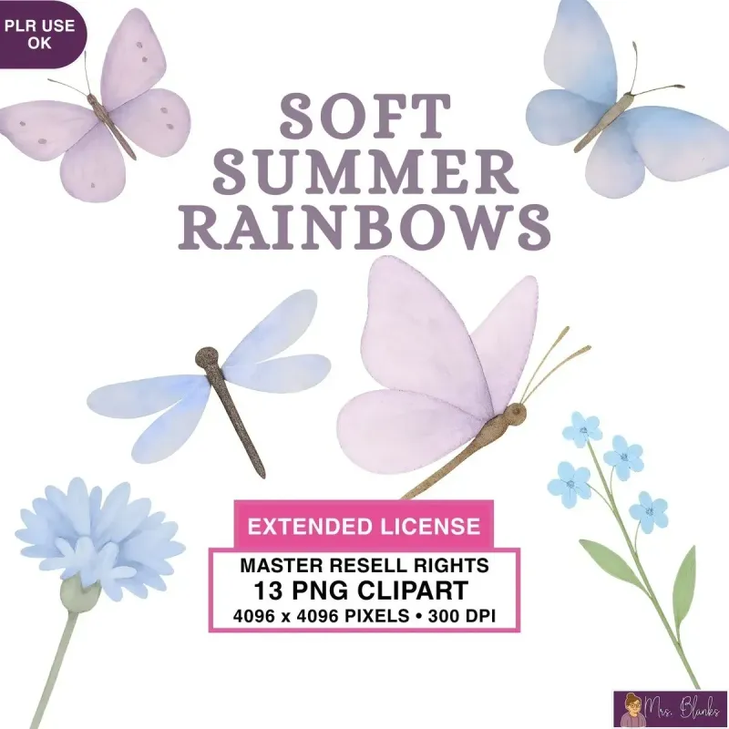 Pastel Butterfly and Floral Clipart PNG - Extended License
