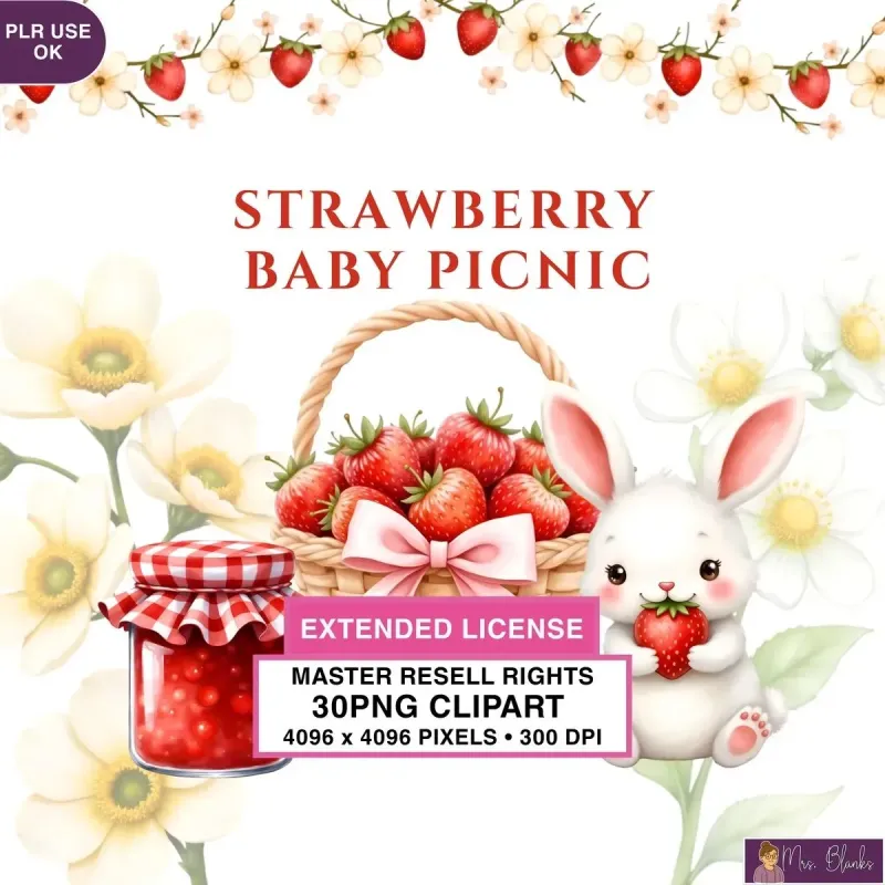 Strawberry Bunny Picnic Clipart PNG - Extended License
