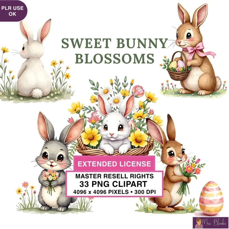 Cute Bunny Spring Flowers Clipart PNG - Extended License