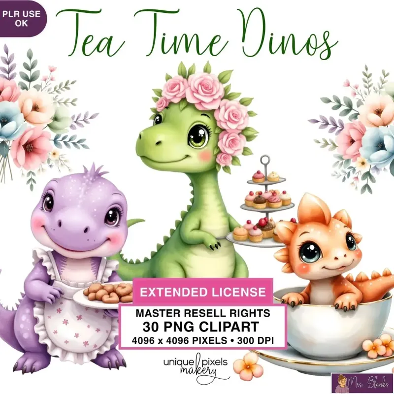 Cute Dinosaur Tea Party Clipart PNG - Extended License