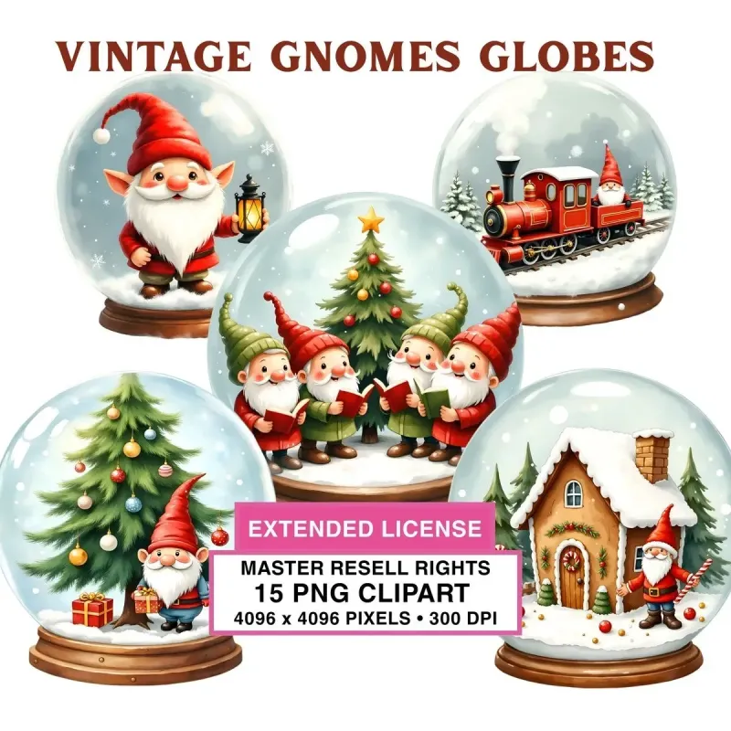 Christmas Gnome Snow Globe Clipart PNG - Extended License