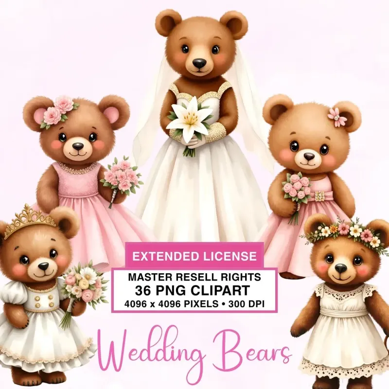 Cute Wedding Bear Clipart PNG - Extended License