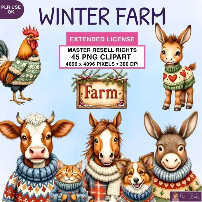 Winter Farm Animals Clipart PNG - Extended License