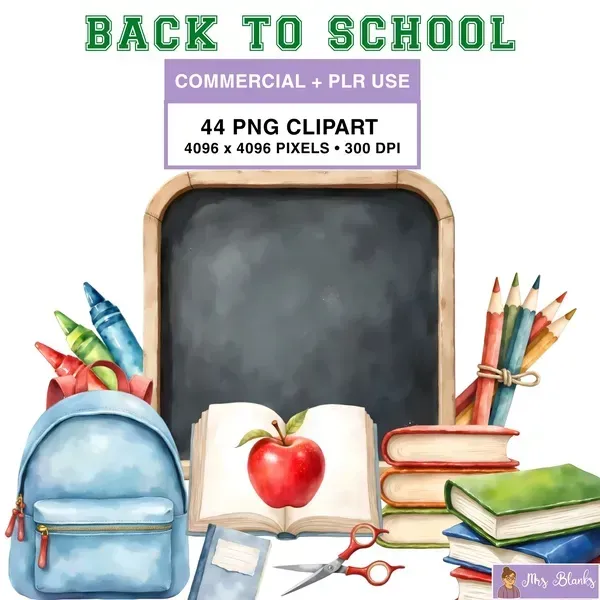 Back to School Supplies Clipart PNG - Commercial + PLR Use License