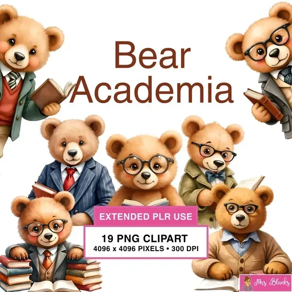 Scholarly Bear Characters Clipart PNG - Extended License