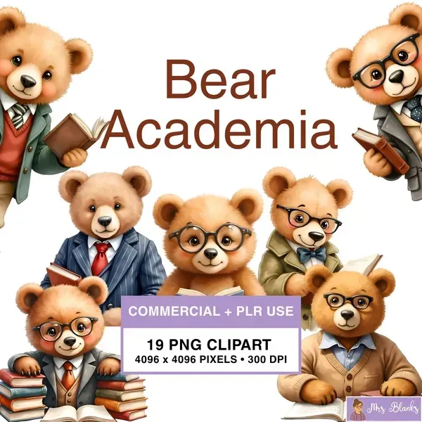 Scholarly Bear Characters Clipart PNG - Commercial + PLR Use License
