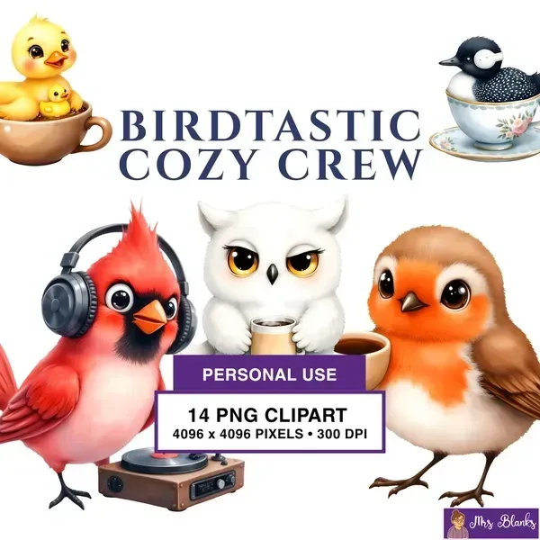 Cozy Cute Bird Characters Clipart PNG - Personal Use License