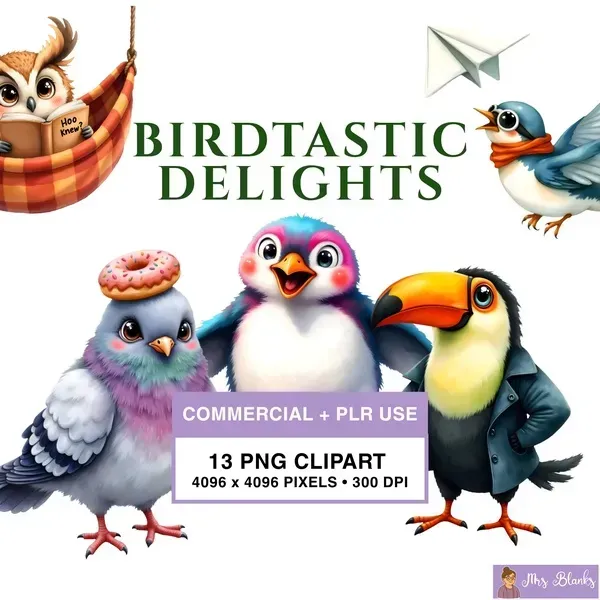 Whimsical Bird Characters Clipart PNG - Commercial + PLR Use License
