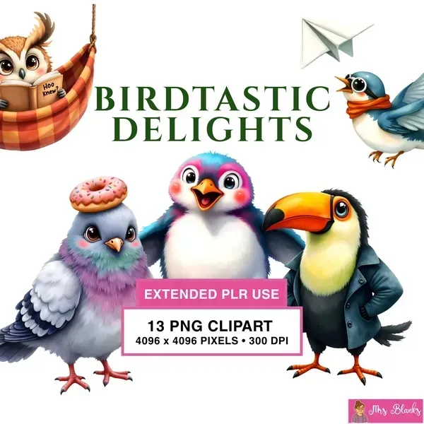 Whimsical Bird Characters Clipart PNG - Extended License
