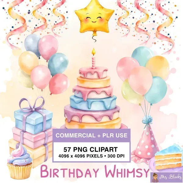 Whimsical Birthday Celebration Clipart PNG - Commercial + PLR Use License