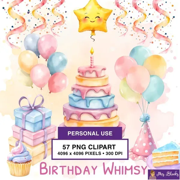 Whimsical Birthday Celebration Clipart PNG - Personal Use License