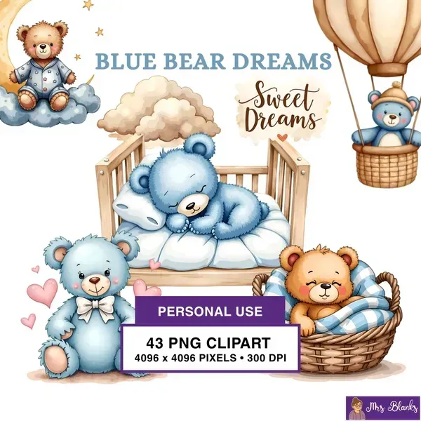 Sleepy Blue Bear Nursery Clipart PNG - Personal Use License
