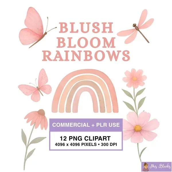 Blush Rainbow Floral Clipart PNG - Commercial + PLR Use License