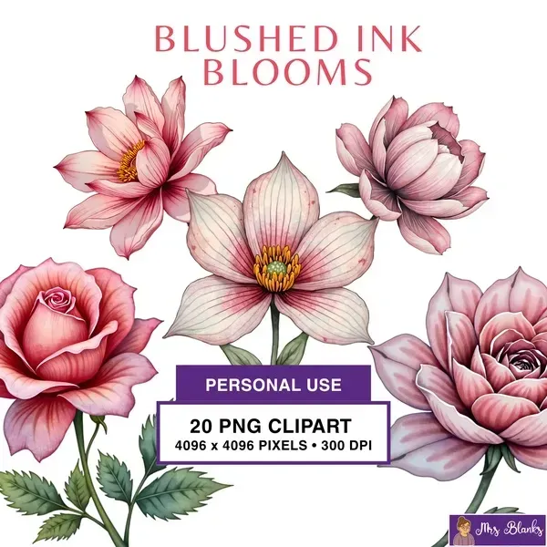 Blush Ink Floral Clipart PNG - Personal Use License