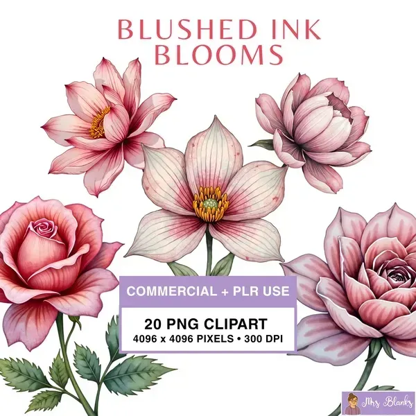 Blush Ink Floral Clipart PNG - Commercial + PLR Use License