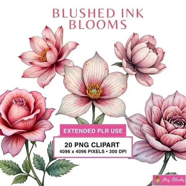 Blush Ink Floral Clipart PNG - Extended License