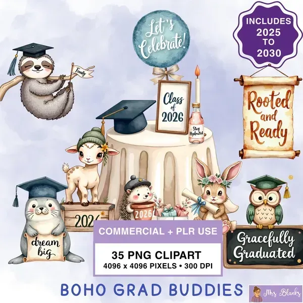 Boho Graduation Animals Clipart PNG - Commercial + PLR Use License