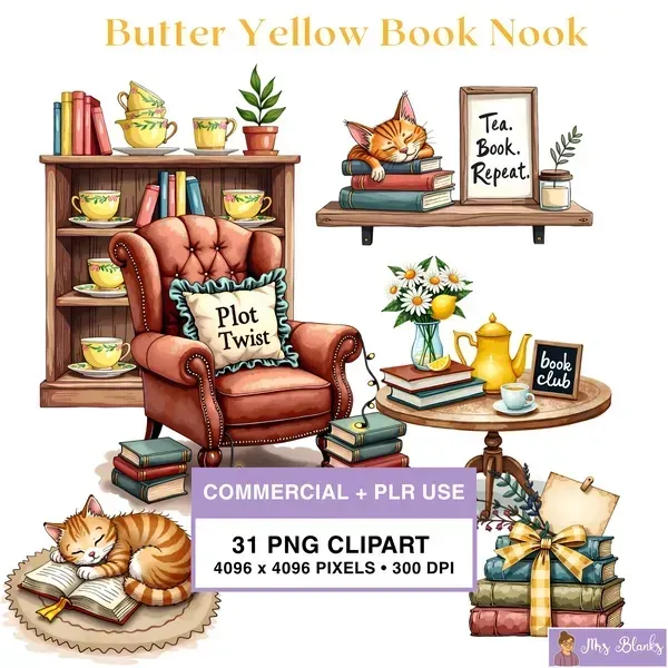Cozy Book Nook Clipart PNG - Commercial + PLR Use License