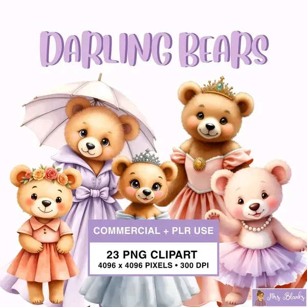 Cute Princess Bears Clipart PNG - Commercial + PLR Use License