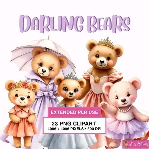 Cute Princess Bears Clipart PNG - Extended License