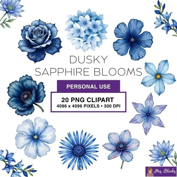Blue Floral Clipart PNG - Personal Use License