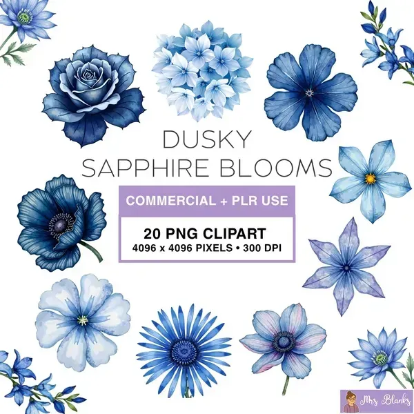 Blue Floral Clipart PNG - Commercial + PLR Use License