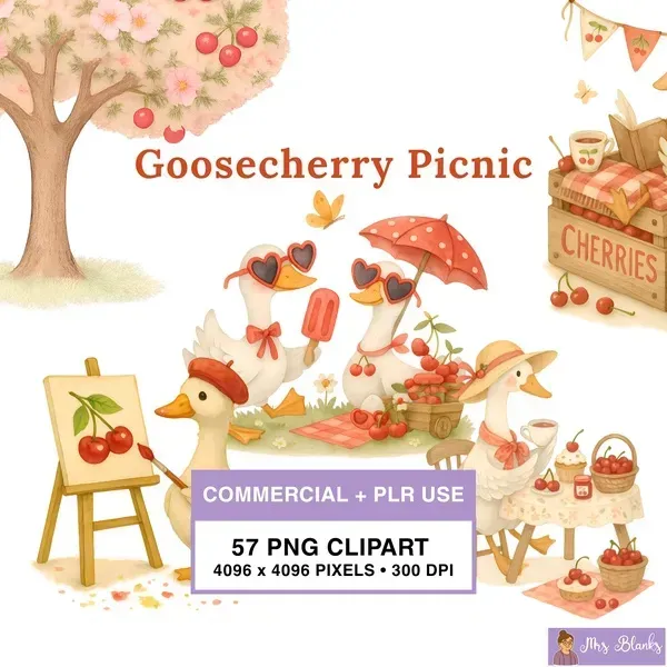 Cherry Picnic Duck Clipart PNG - Commercial + PLR Use License