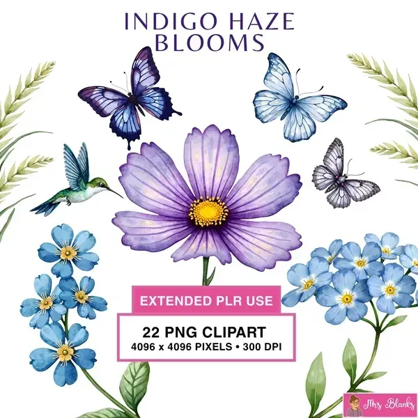 Indigo Floral Clipart PNG - Extended License