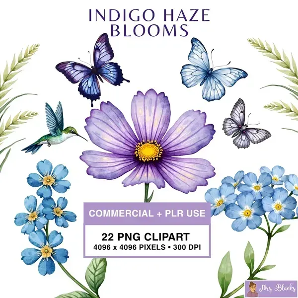 Indigo Floral Clipart PNG - Commercial + PLR Use License