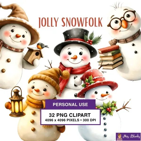 Whimsical Winter Snowman Clipart PNG - Personal Use License