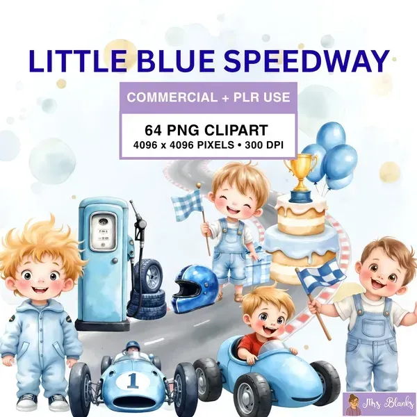 Cute Blue Race Car Kids Clipart PNG - Commercial + PLR Use License