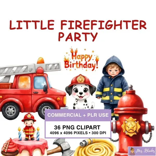 Cute Firefighter Kids Party Clipart PNG - Commercial + PLR Use License