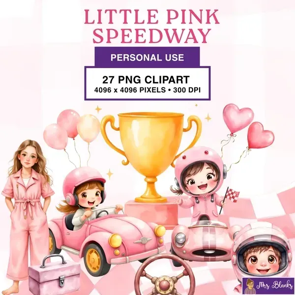 Cute Pink Race Car Kids Clipart PNG - Personal Use License