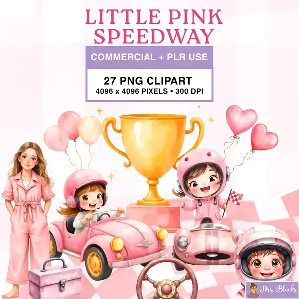 Cute Pink Race Car Kids Clipart PNG - Commercial + PLR Use License