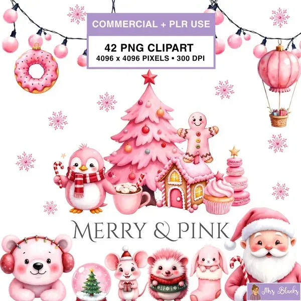 Cute Pink Christmas Clipart PNG - Commercial + PLR Use License