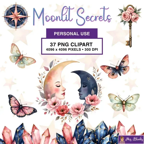 Boho Moon Crystal Clipart PNG - Personal Use License