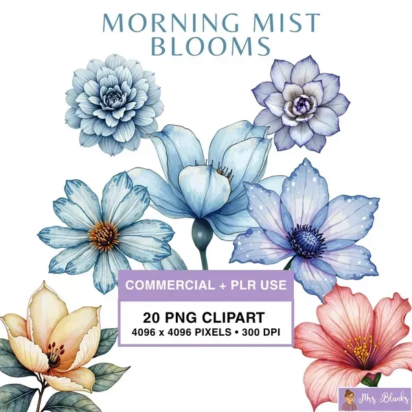 Soft Blue Floral Clipart PNG - Commercial + PLR Use License