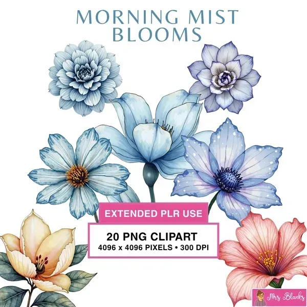Soft Blue Floral Clipart PNG - Extended License
