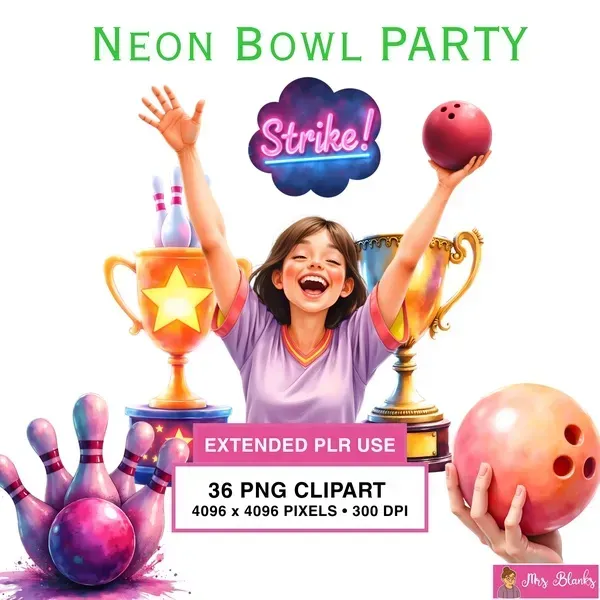 Neon Bowling Party Clipart PNG - Extended License