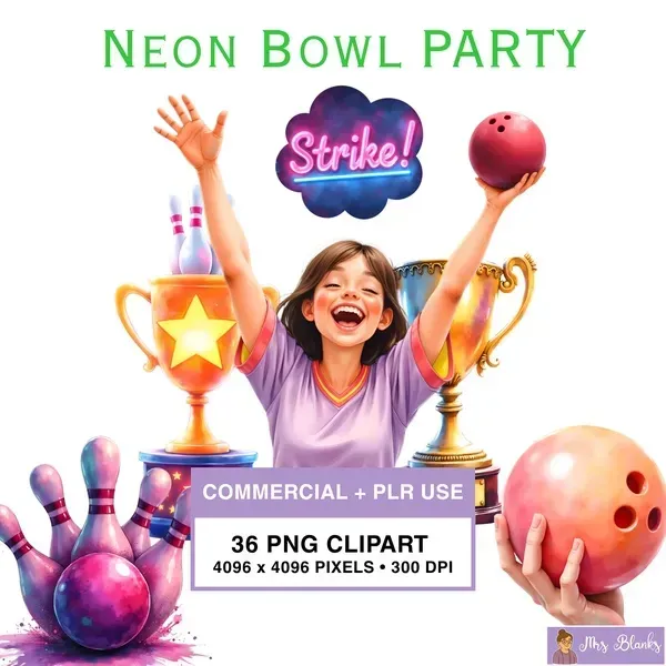 Neon Bowling Party Clipart PNG - Commercial + PLR Use License