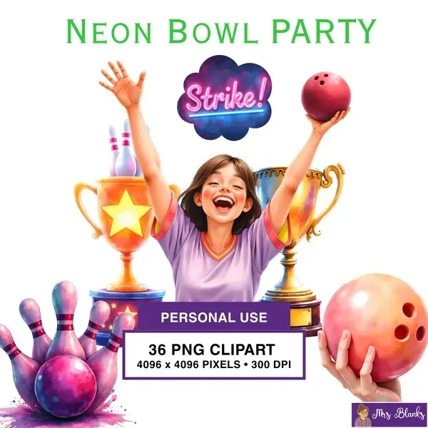 Neon Bowling Party Clipart PNG - Personal Use License