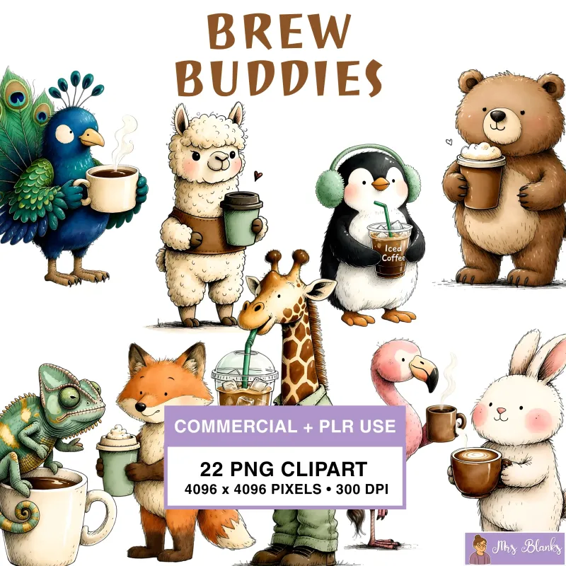Coffee Loving Animal Clipart PNG - Commercial + PLR Use License 
