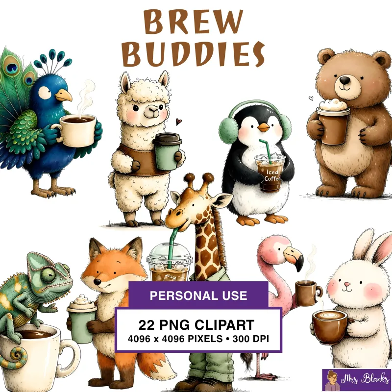 Coffee Loving Animal Clipart PNG - Personal Use License