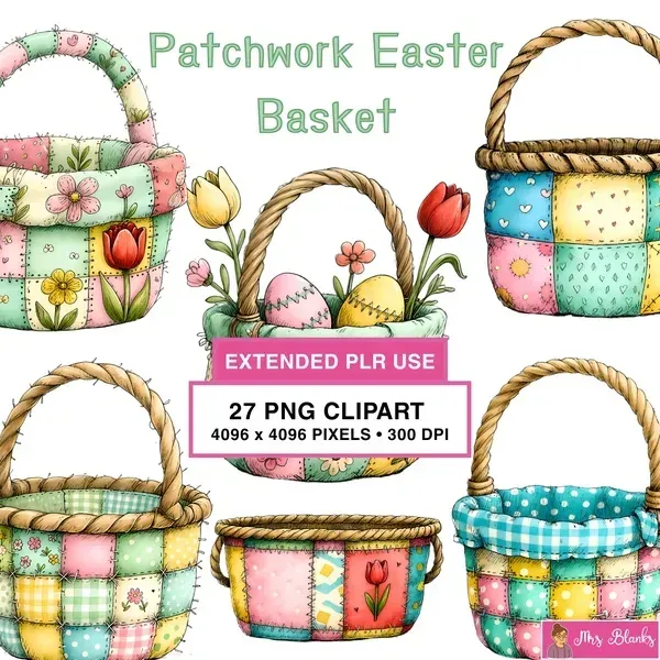 Patchwork Easter Basket Clipart PNG - Extended License